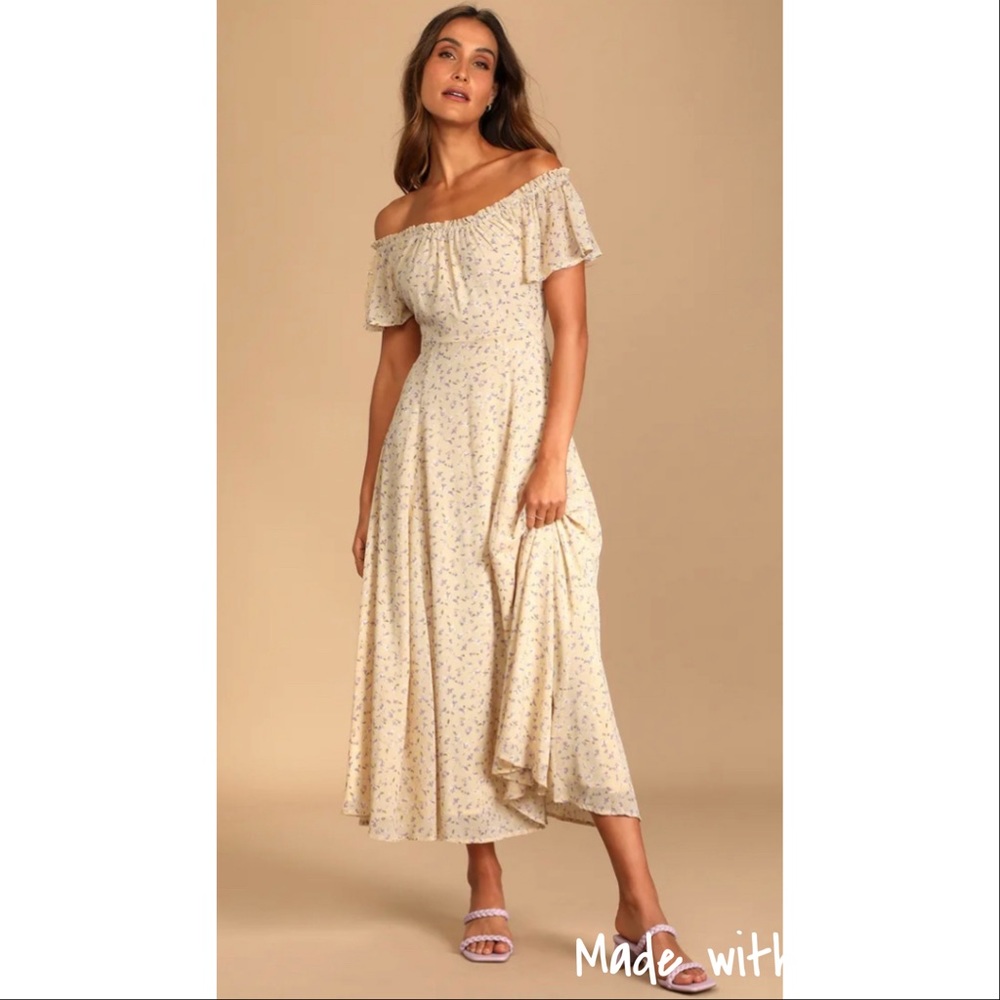 Lulus Dreams of Romance Cream Floral Print Off Shoulder Maxi Dress Size XS
